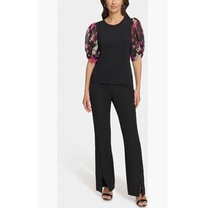 DKNY Black, Ivory & Orange Blossom Multicolor Floral Puff Sleeve Top - Reemoly